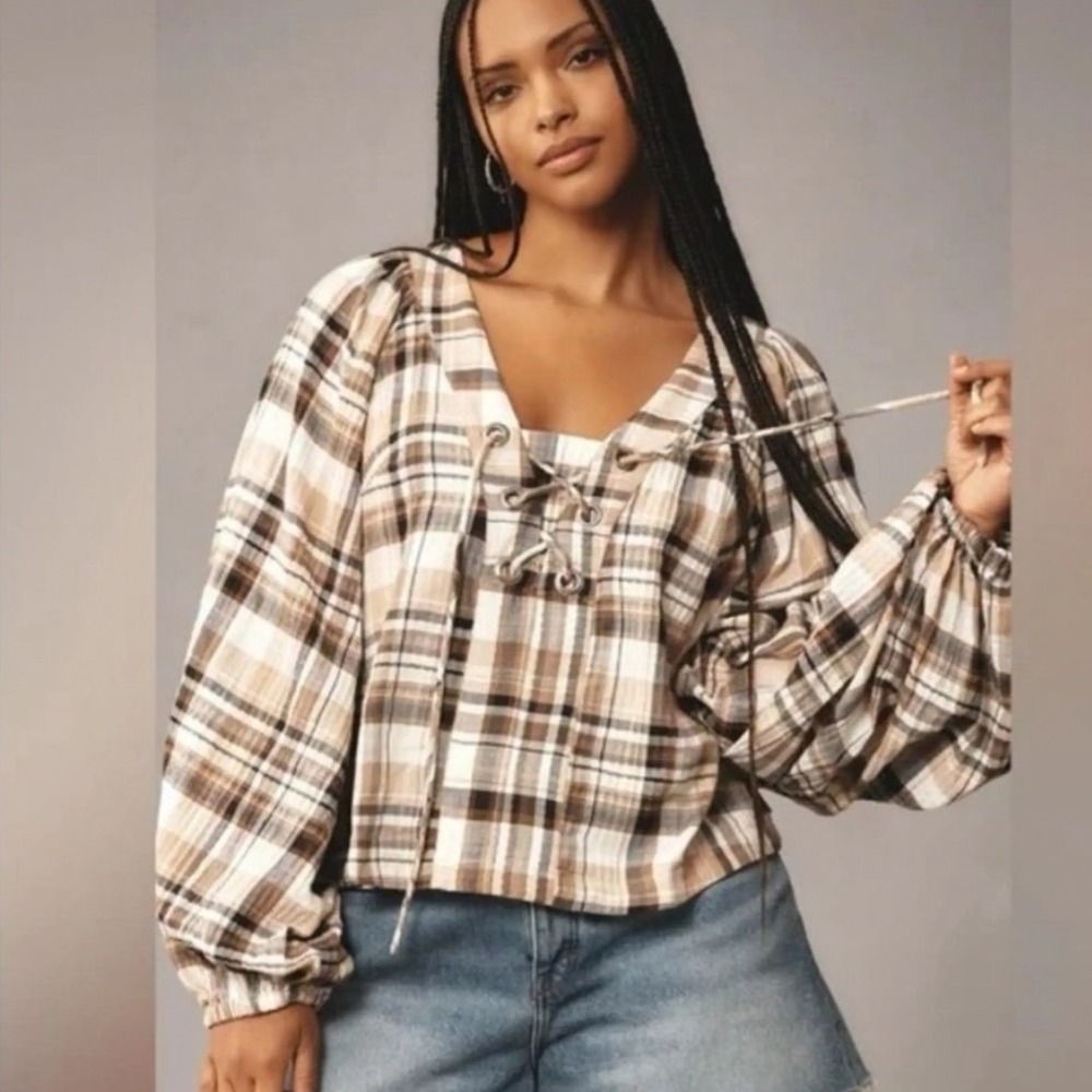 Anthropologie Plaid Lace Up Grommet V-Neck Balloon Sleeve Top 1X